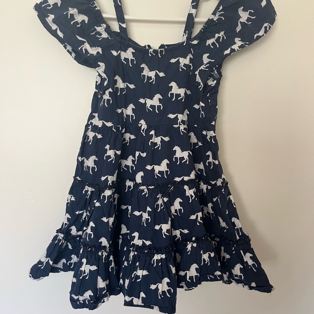 May Lillie Navy and White Horse Tiered Dress 4T Girls 100% Cotton